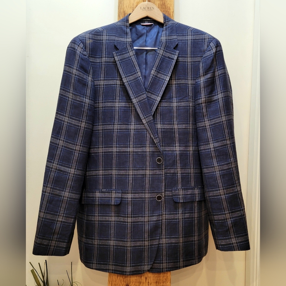 Tommy Hilfiger Blue 100% Linen Plaid Sport Coat